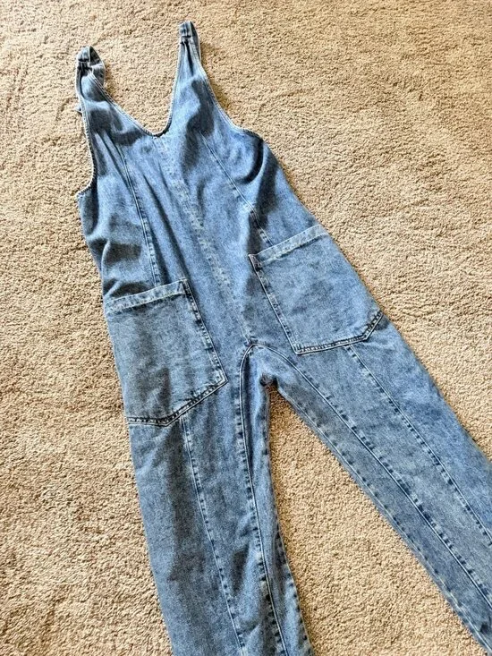 Free People We The Free High Roller Sapphire Blue Sz SMALL Free People Overalls - Picture 2 of 13
